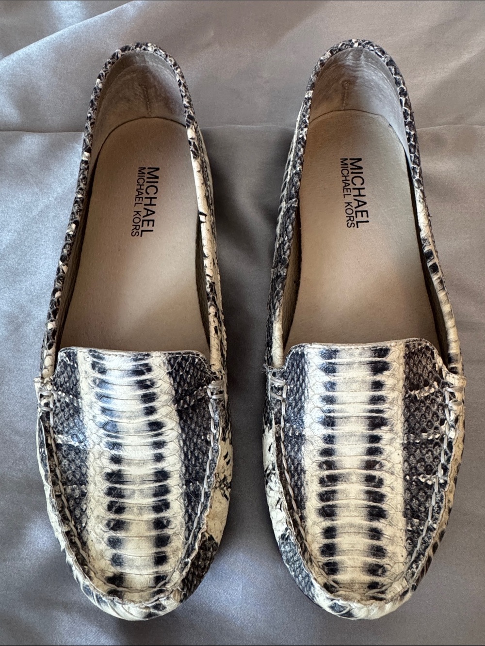 Michael Kors Black and Cream Snake-Print Leather Loafers